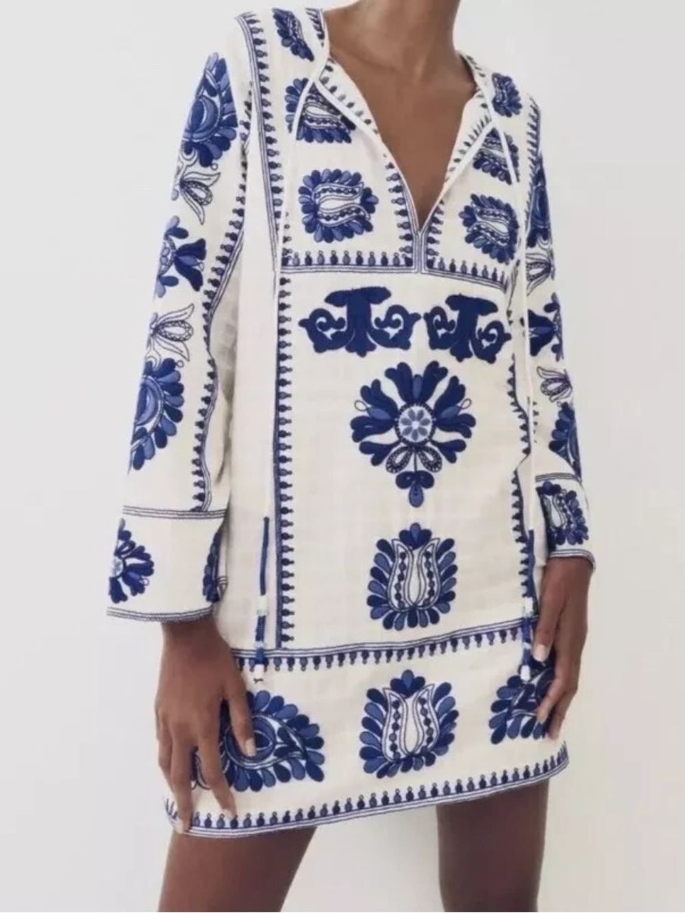 Zara Woman Blue & White Embroidered Shor Kaftan Tunic Dress Size Large - Picture 3 of 4